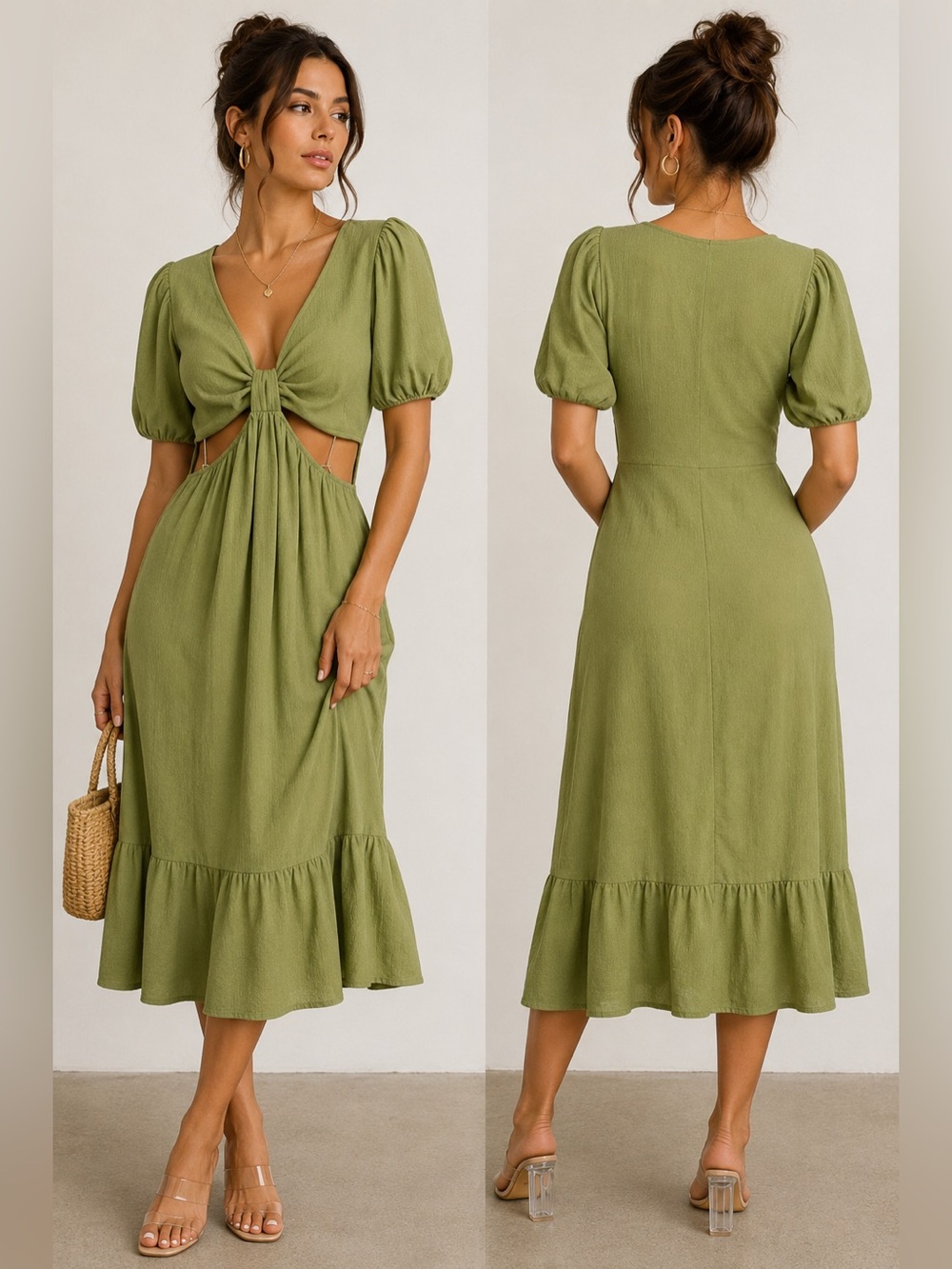 Rolla Coster Los Angeles Green Cutout Puff Sleeve Midi Dress S.